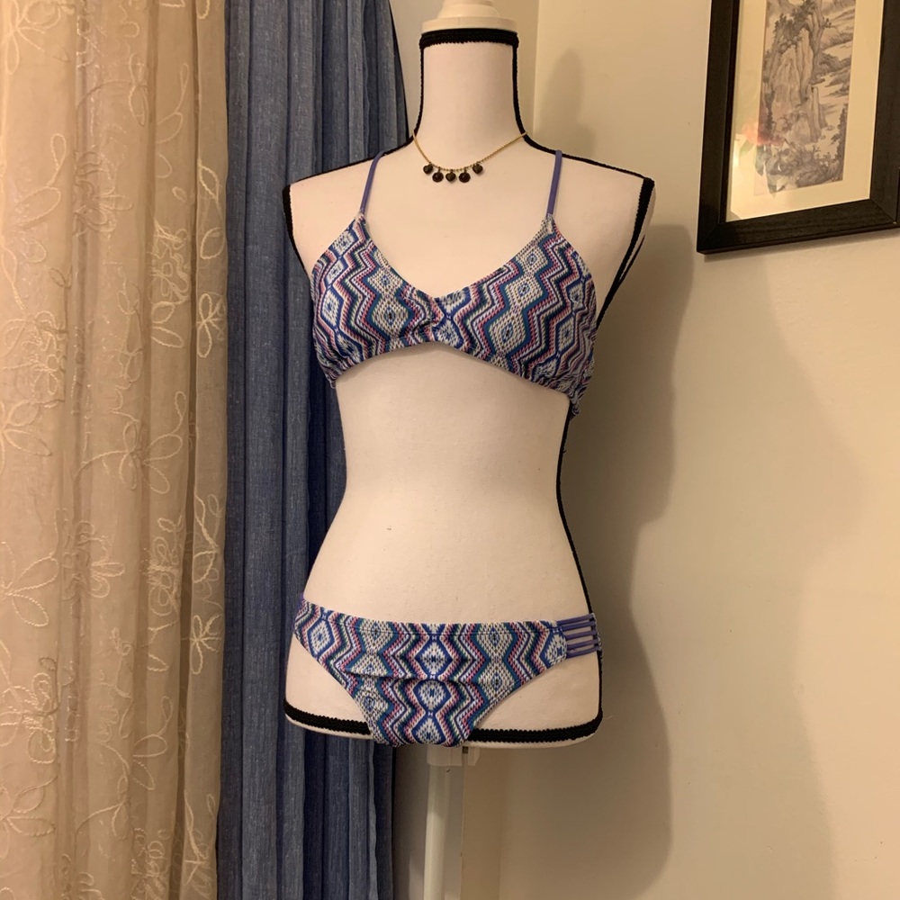 Xhiliration Blue Aztec Strappy Hipster Bikini